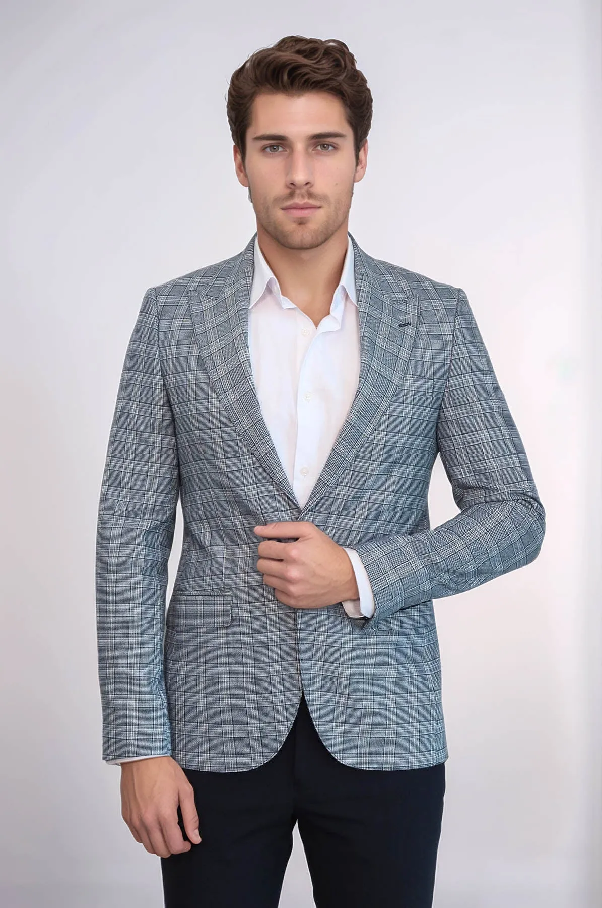 Checked Slim-Fit Grey Men's Blazer - Wessi