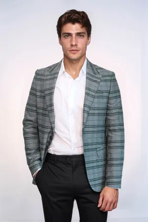 Checked Slim Fit Single Button Green Men Blazer - Wessi