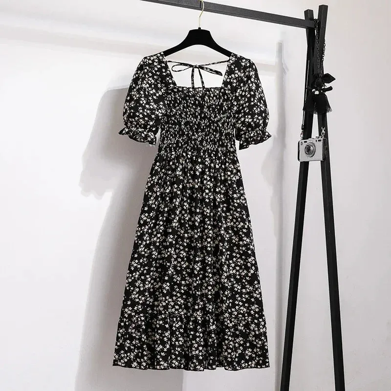 Chiffon Dresses Fashion Female Elastic Waist Short Sleeve Pleated Casual Dress Women A-line Dresses