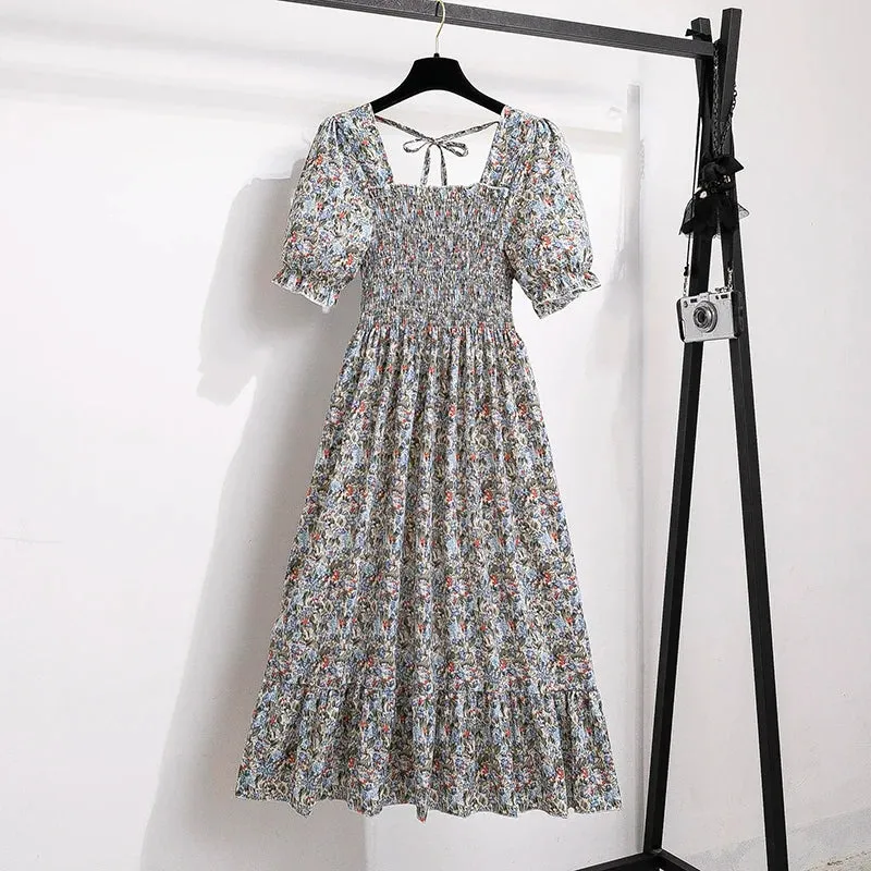 Chiffon Dresses Fashion Female Elastic Waist Short Sleeve Pleated Casual Dress Women A-line Dresses