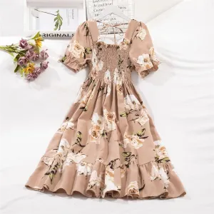 Chiffon Dresses Fashion Female Elastic Waist Short Sleeve Pleated Casual Dress Women A-line Dresses