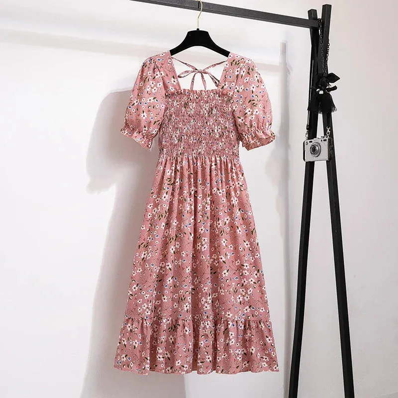 Chiffon Dresses Fashion Female Elastic Waist Short Sleeve Pleated Casual Dress Women A-line Dresses