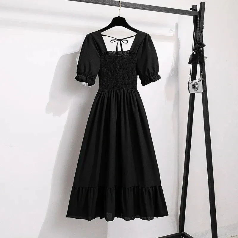 Chiffon Dresses Fashion Female Elastic Waist Short Sleeve Pleated Casual Dress Women A-line Dresses