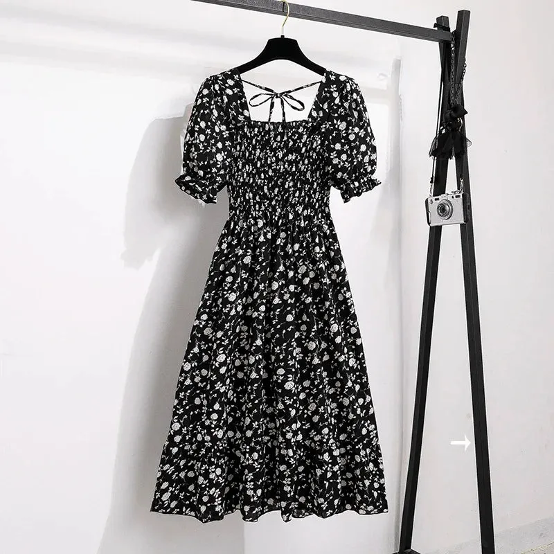 Chiffon Dresses Fashion Female Elastic Waist Short Sleeve Pleated Casual Dress Women A-line Dresses