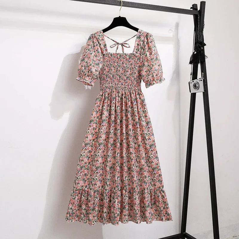 Chiffon Dresses Fashion Female Elastic Waist Short Sleeve Pleated Casual Dress Women A-line Dresses