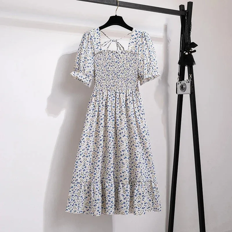 Chiffon Dresses Fashion Female Elastic Waist Short Sleeve Pleated Casual Dress Women A-line Dresses