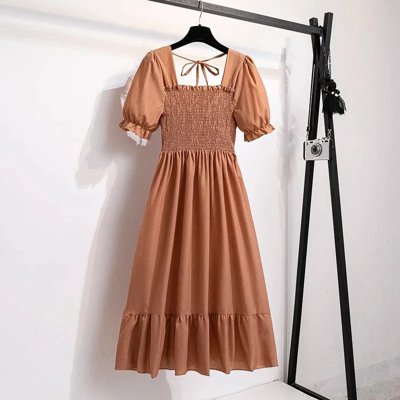 Chiffon Dresses Fashion Female Elastic Waist Short Sleeve Pleated Casual Dress Women A-line Dresses