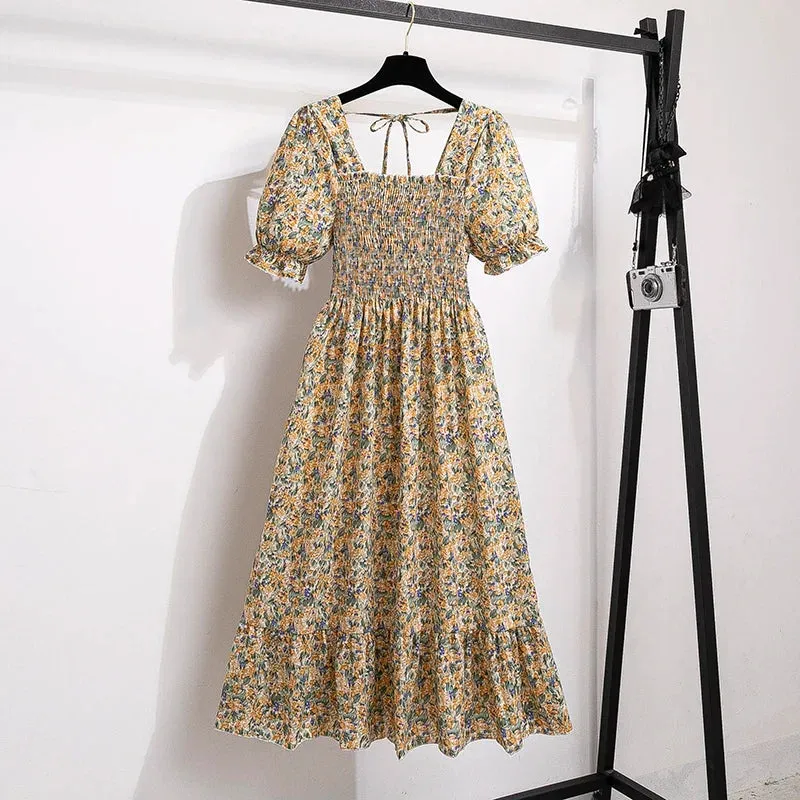 Chiffon Dresses Fashion Female Elastic Waist Short Sleeve Pleated Casual Dress Women A-line Dresses