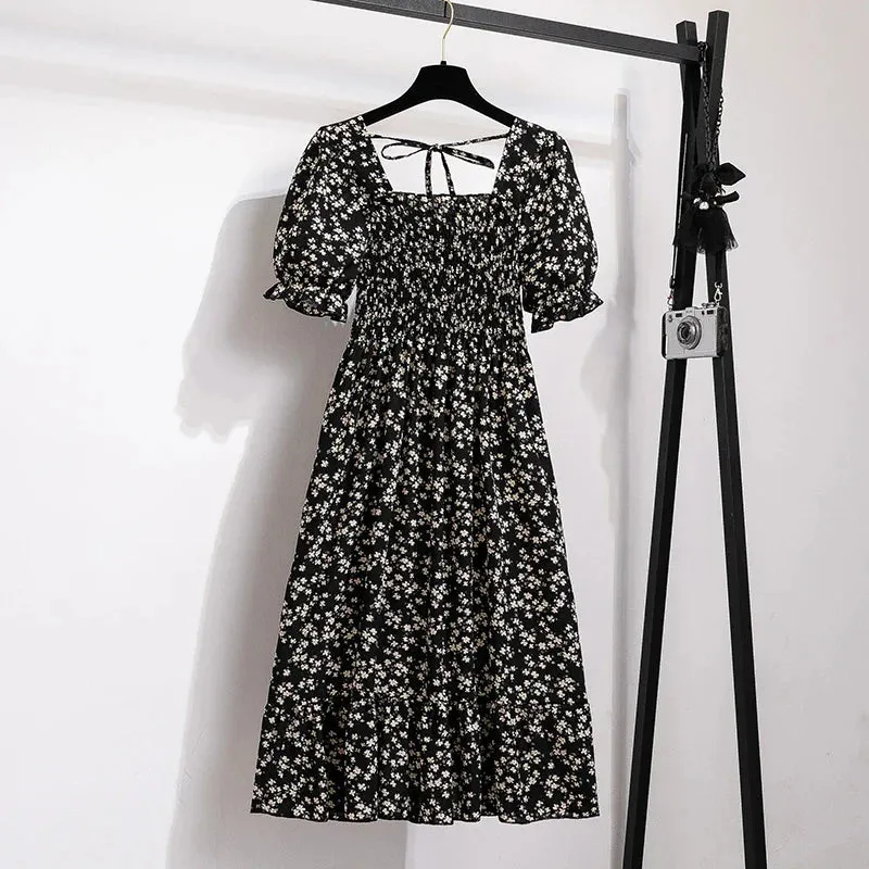 Chiffon Dresses Fashion Female Elastic Waist Short Sleeve Pleated Casual Dress Women A-line Dresses