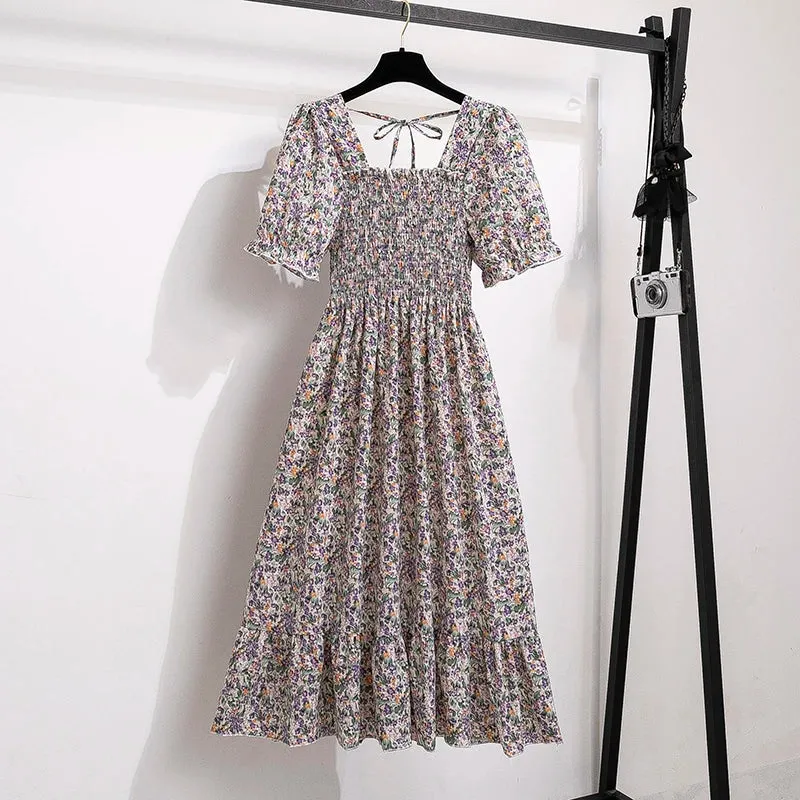 Chiffon Dresses Fashion Female Elastic Waist Short Sleeve Pleated Casual Dress Women A-line Dresses