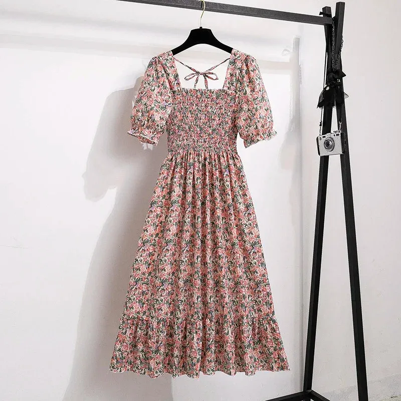 Chiffon Dresses Fashion Female Elastic Waist Short Sleeve Pleated Casual Dress Women A-line Dresses