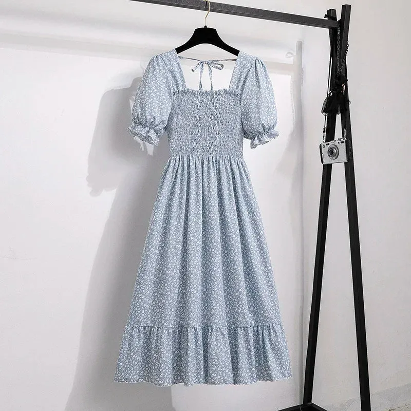 Chiffon Dresses Fashion Female Elastic Waist Short Sleeve Pleated Casual Dress Women A-line Dresses