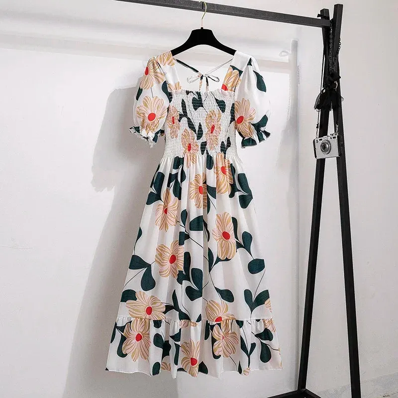 Chiffon Dresses Fashion Female Elastic Waist Short Sleeve Pleated Casual Dress Women A-line Dresses