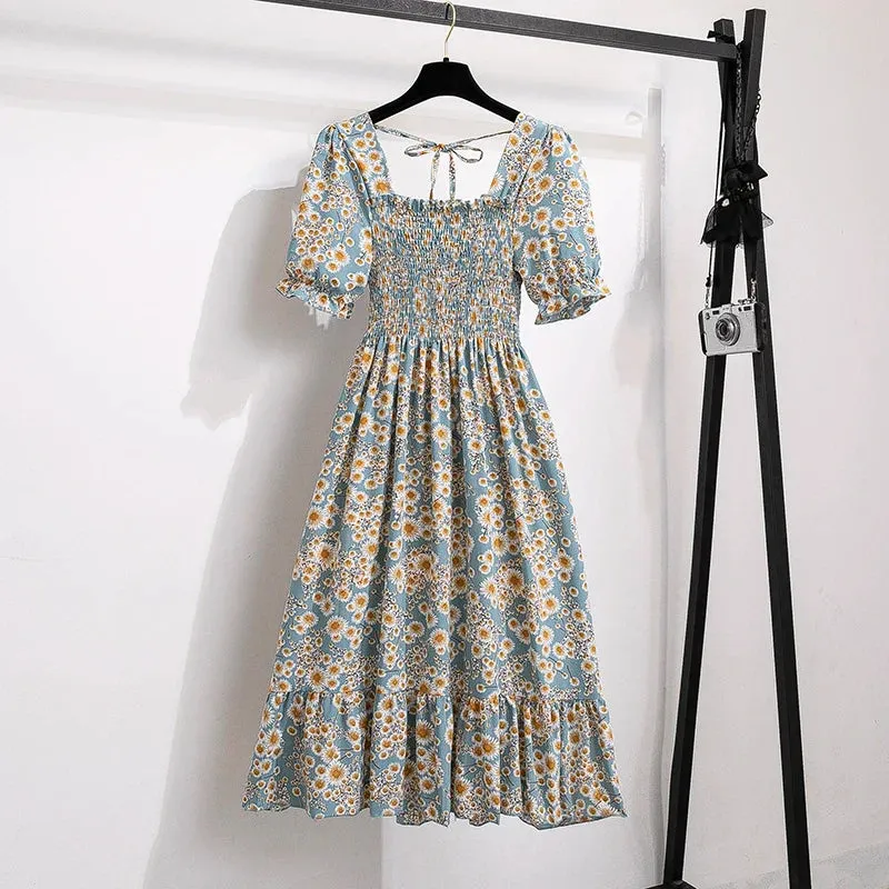 Chiffon Dresses Fashion Female Elastic Waist Short Sleeve Pleated Casual Dress Women A-line Dresses