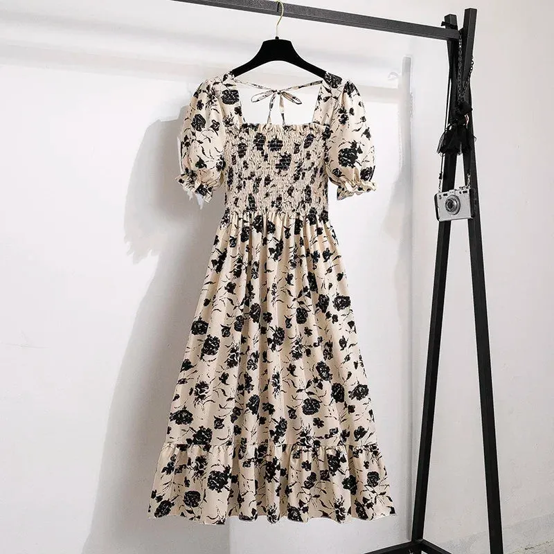 Chiffon Dresses Fashion Female Elastic Waist Short Sleeve Pleated Casual Dress Women A-line Dresses