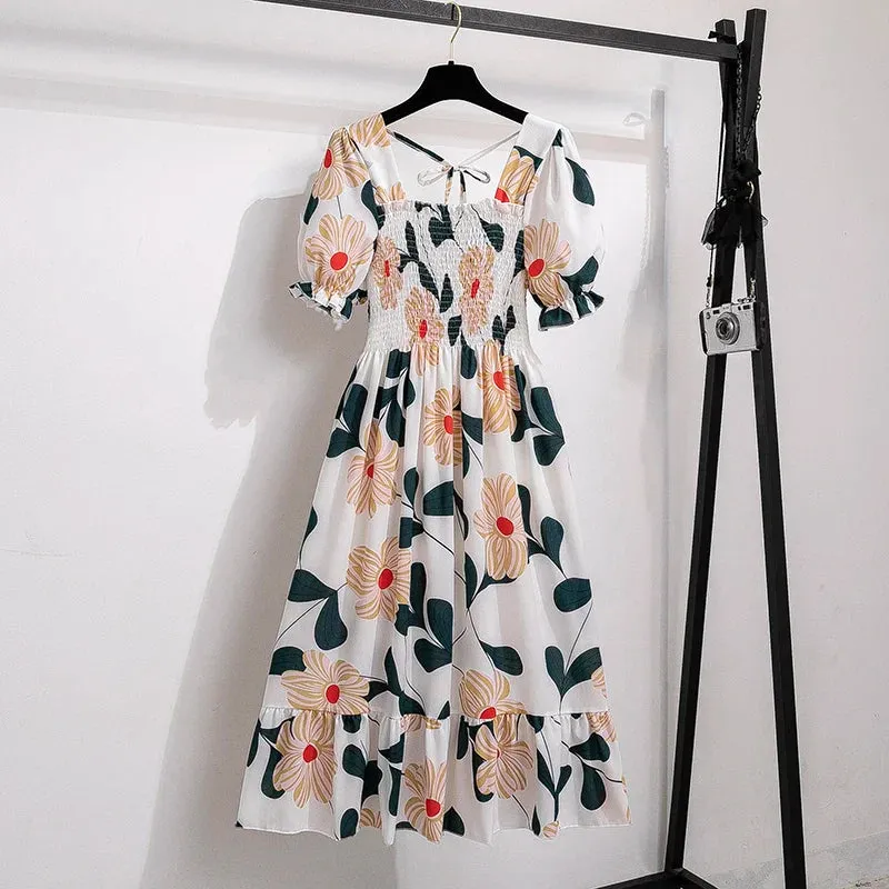 Chiffon Dresses Fashion Female Elastic Waist Short Sleeve Pleated Casual Dress Women A-line Dresses