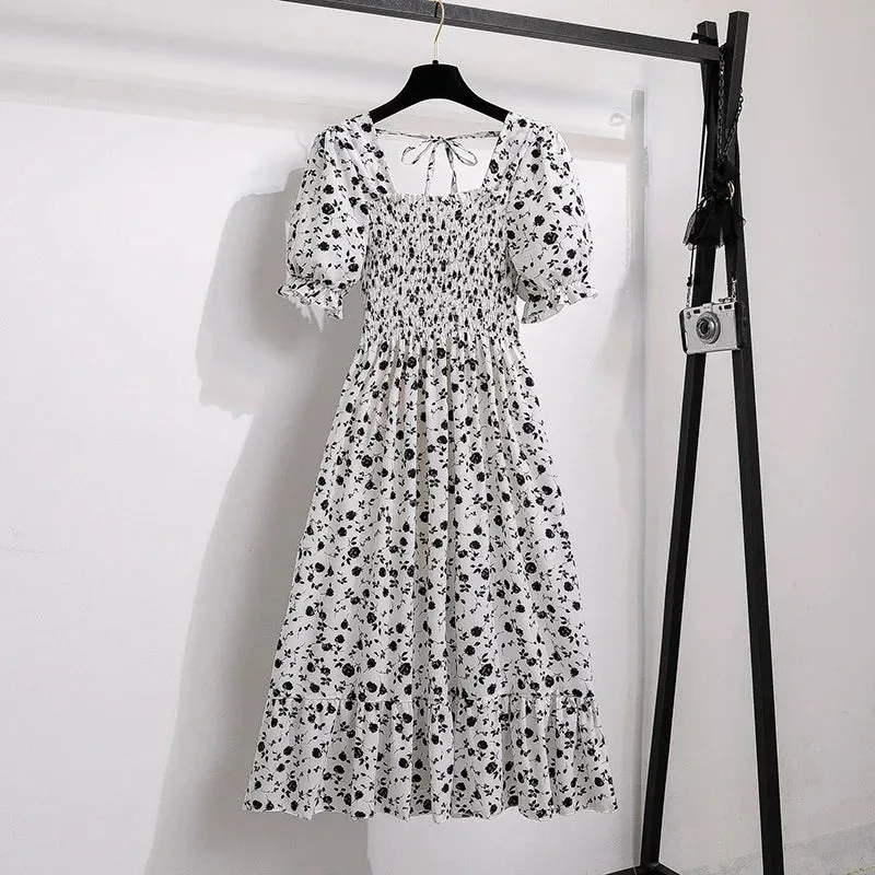 Chiffon Dresses Fashion Female Elastic Waist Short Sleeve Pleated Casual Dress Women A-line Dresses