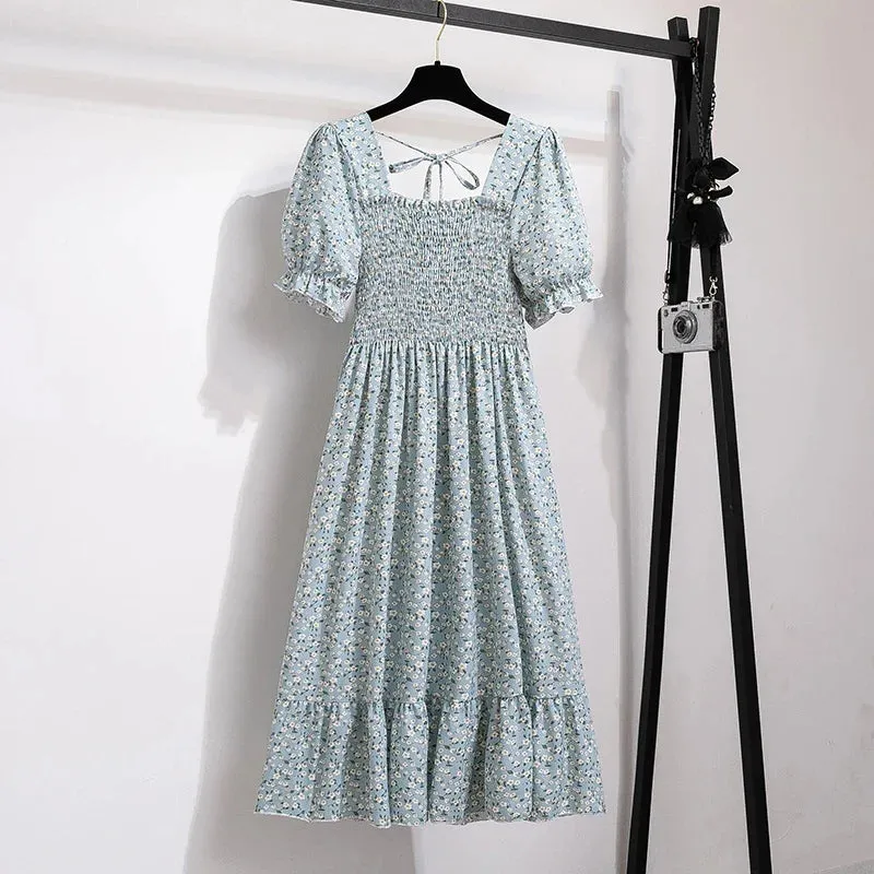 Chiffon Dresses Fashion Female Elastic Waist Short Sleeve Pleated Casual Dress Women A-line Dresses