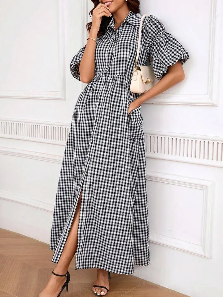 CM-DS565418 Women Elegant Seoul Style Shirt Collar Puff Sleeve Ginngham Long Dress