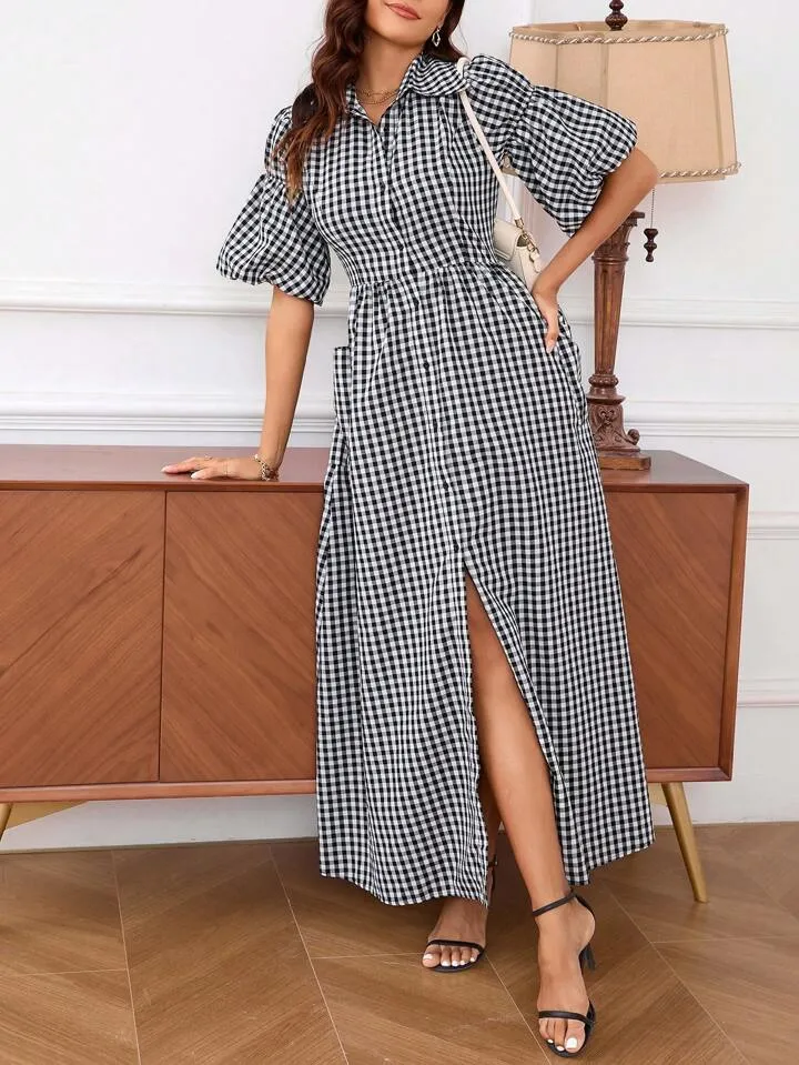 CM-DS565418 Women Elegant Seoul Style Shirt Collar Puff Sleeve Ginngham Long Dress