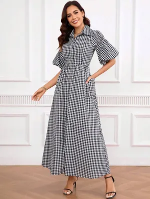CM-DS565418 Women Elegant Seoul Style Shirt Collar Puff Sleeve Ginngham Long Dress