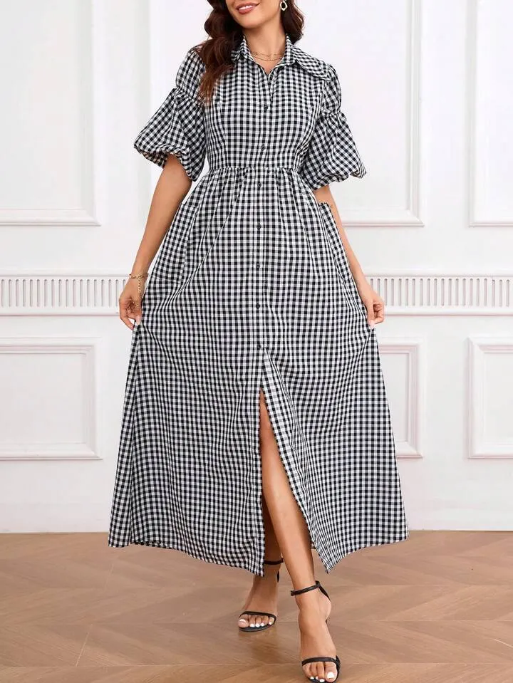 CM-DS565418 Women Elegant Seoul Style Shirt Collar Puff Sleeve Ginngham Long Dress