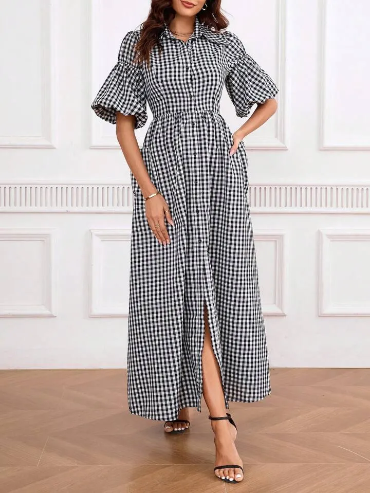 CM-DS565418 Women Elegant Seoul Style Shirt Collar Puff Sleeve Ginngham Long Dress