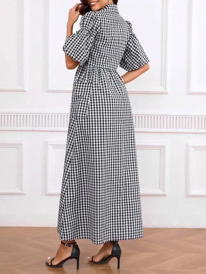 CM-DS565418 Women Elegant Seoul Style Shirt Collar Puff Sleeve Ginngham Long Dress