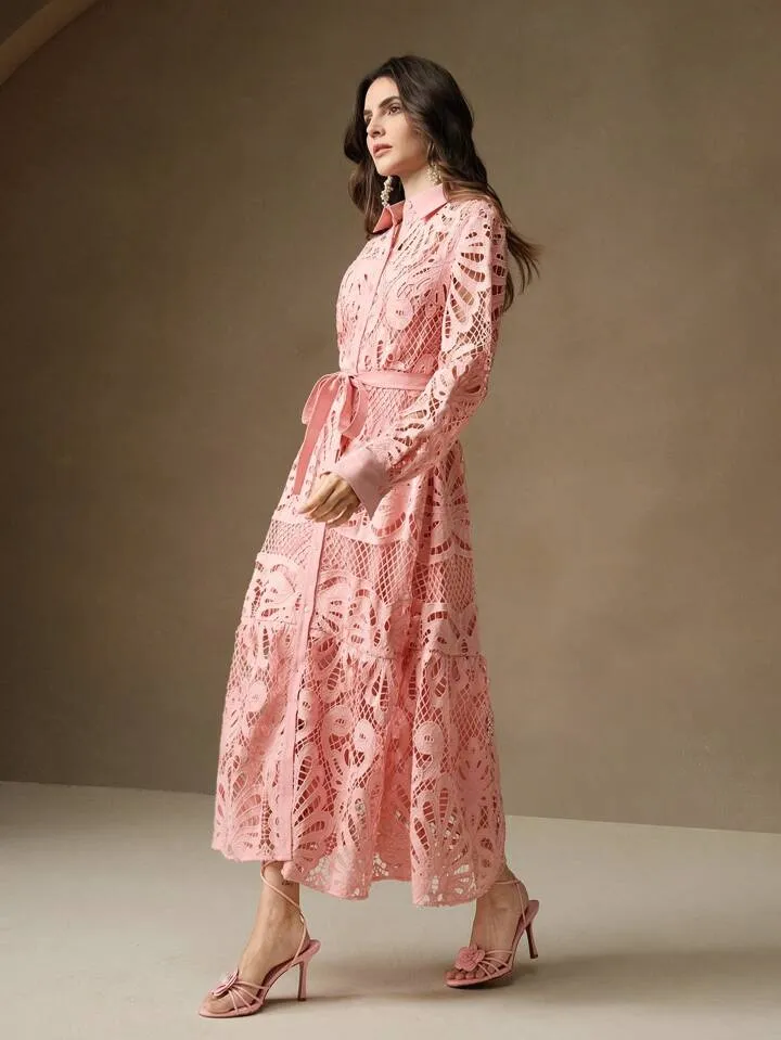 CM-DS992937 Women Elegant Seoul Style Solid Color Lace Embroidered Button-Up Empire Waist Dress