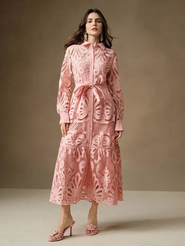 CM-DS992937 Women Elegant Seoul Style Solid Color Lace Embroidered Button-Up Empire Waist Dress