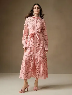 CM-DS992937 Women Elegant Seoul Style Solid Color Lace Embroidered Button-Up Empire Waist Dress