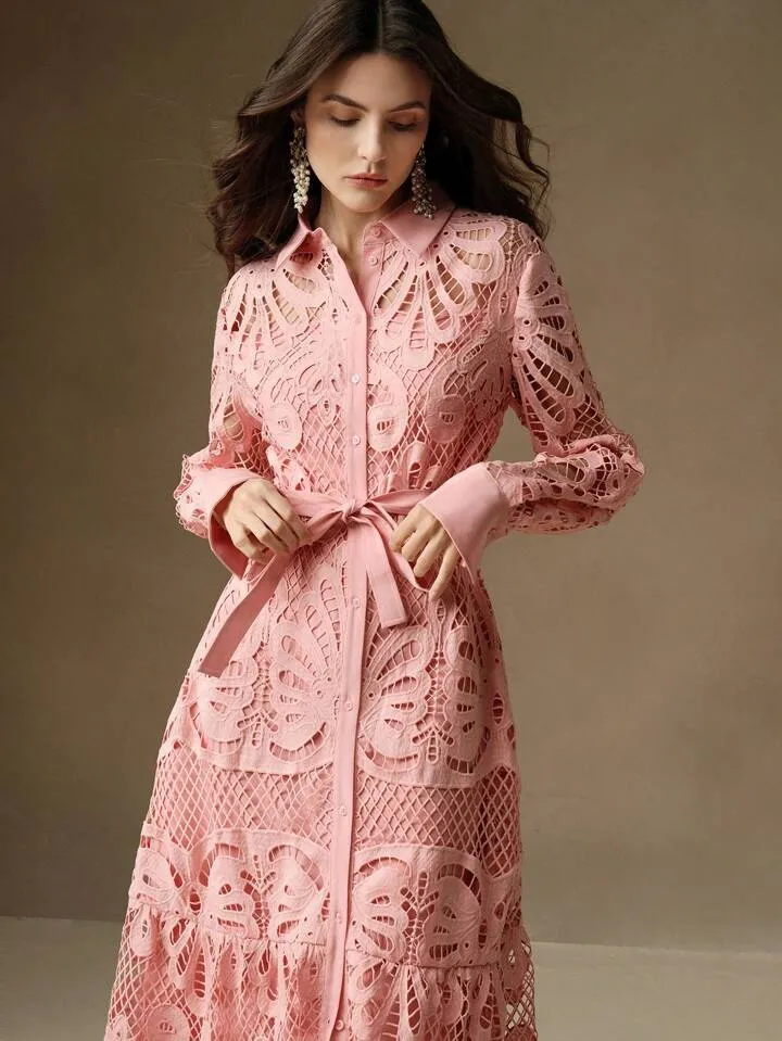 CM-DS992937 Women Elegant Seoul Style Solid Color Lace Embroidered Button-Up Empire Waist Dress