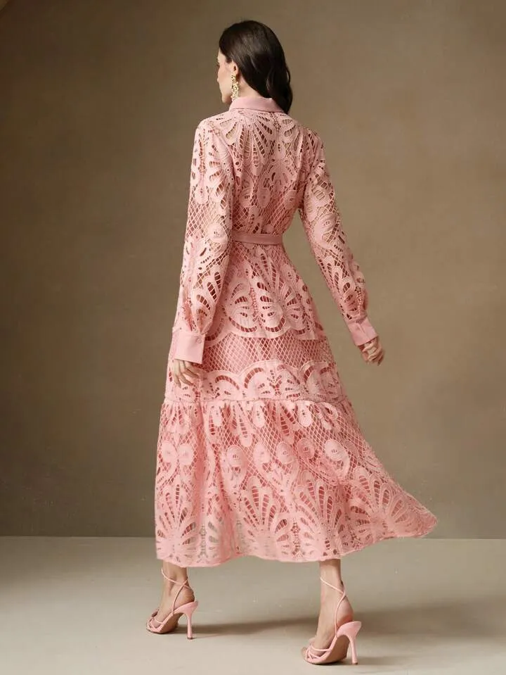 CM-DS992937 Women Elegant Seoul Style Solid Color Lace Embroidered Button-Up Empire Waist Dress