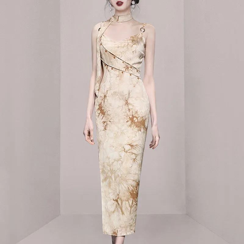 CM-DY010879 Women Elegant European Style Spaghetti Strap Sleeveless Slit Dress