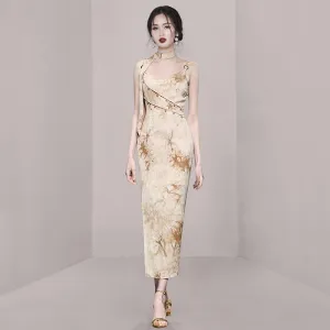 CM-DY010879 Women Elegant European Style Spaghetti Strap Sleeveless Slit Dress