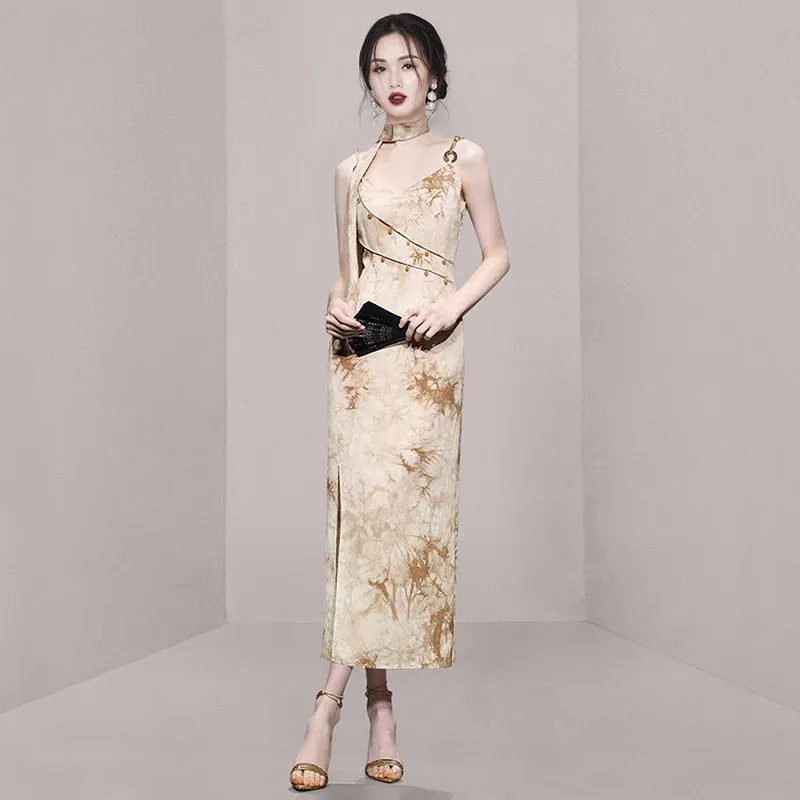 CM-DY010879 Women Elegant European Style Spaghetti Strap Sleeveless Slit Dress