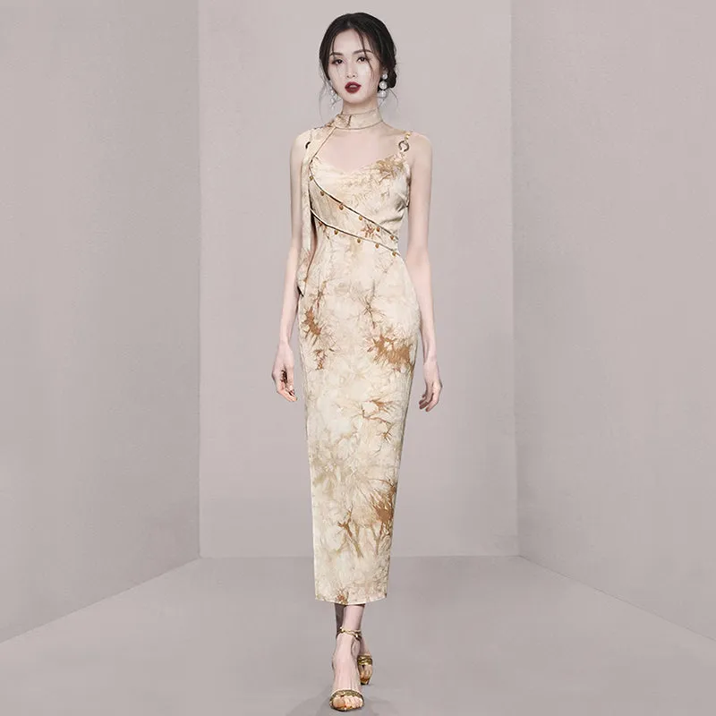 CM-DY010879 Women Elegant European Style Spaghetti Strap Sleeveless Slit Dress