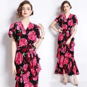CM-DY011313 Women Elegant European Style Chiffon V-Neck Short Sleeve Slim Dress