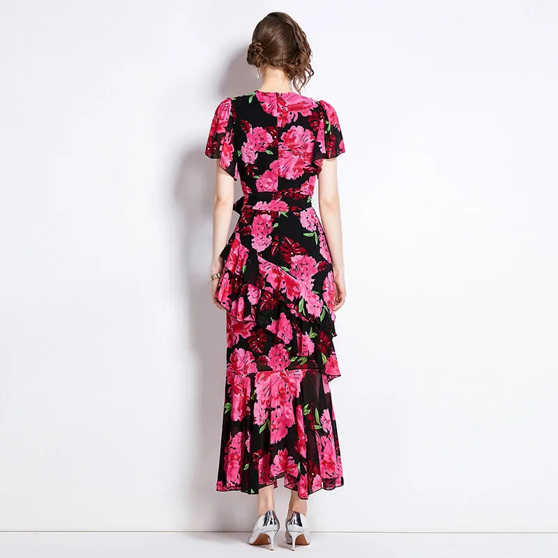 CM-DY011313 Women Elegant European Style Chiffon V-Neck Short Sleeve Slim Dress