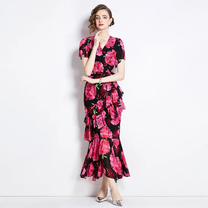 CM-DY011313 Women Elegant European Style Chiffon V-Neck Short Sleeve Slim Dress