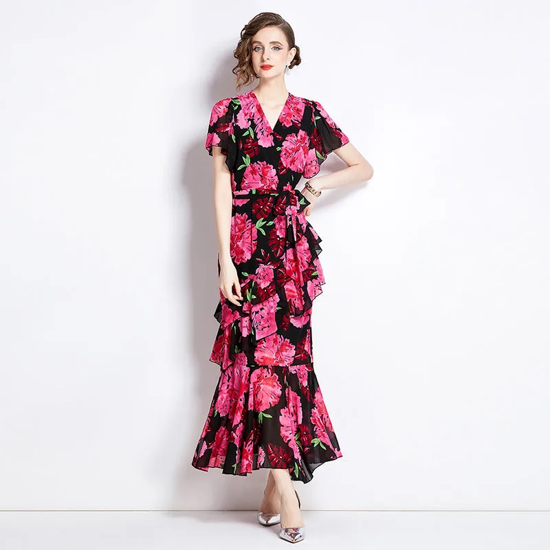 CM-DY011313 Women Elegant European Style Chiffon V-Neck Short Sleeve Slim Dress