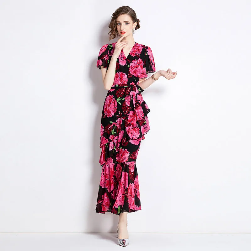 CM-DY011313 Women Elegant European Style Chiffon V-Neck Short Sleeve Slim Dress