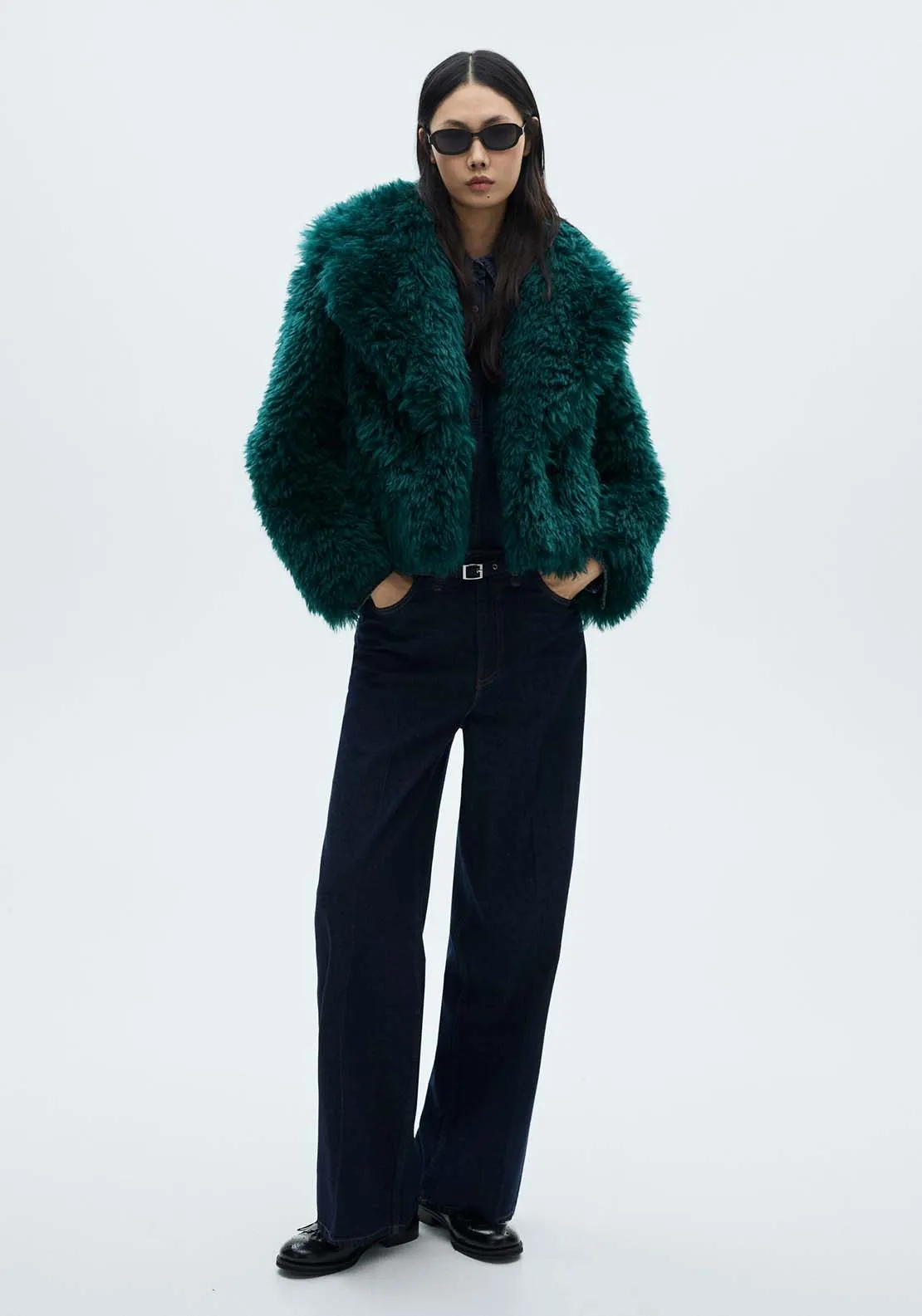 Coat with fur-effect lapels - Medium Blue