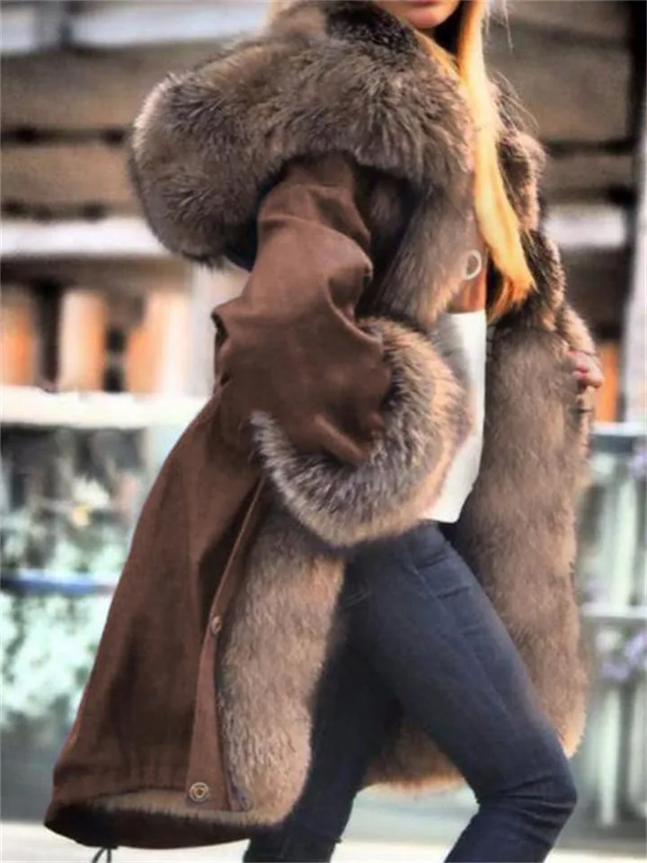 Comfortable Button Up Mid-Length Faux Fur Trim Thicken Hooded Coat