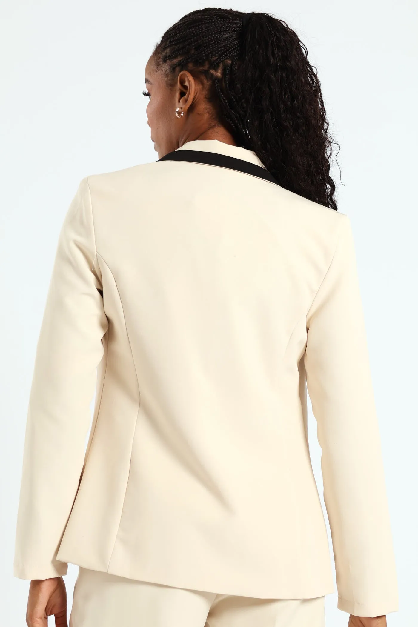 Contrast Tipped Double Breasted Blazer - Cream