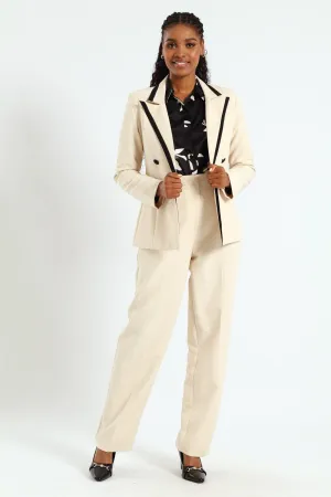 Contrast Tipped Double Breasted Blazer - Cream
