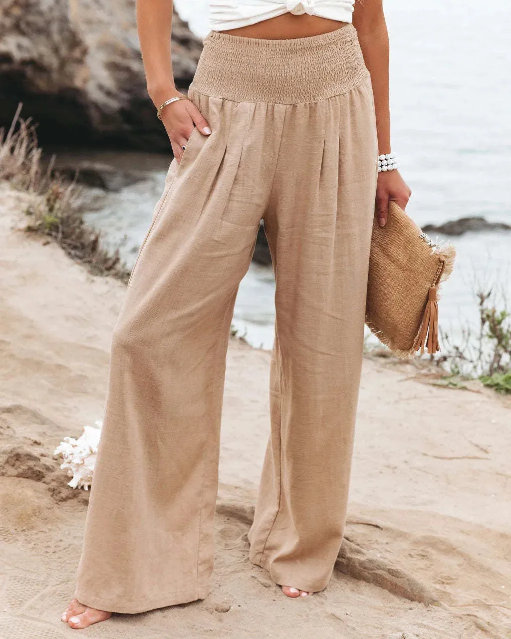 Cotton and linen wide-leg casual pants