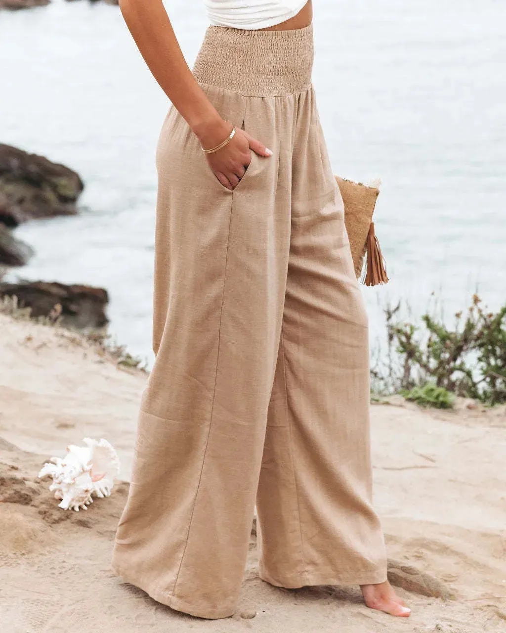Cotton and linen wide-leg casual pants