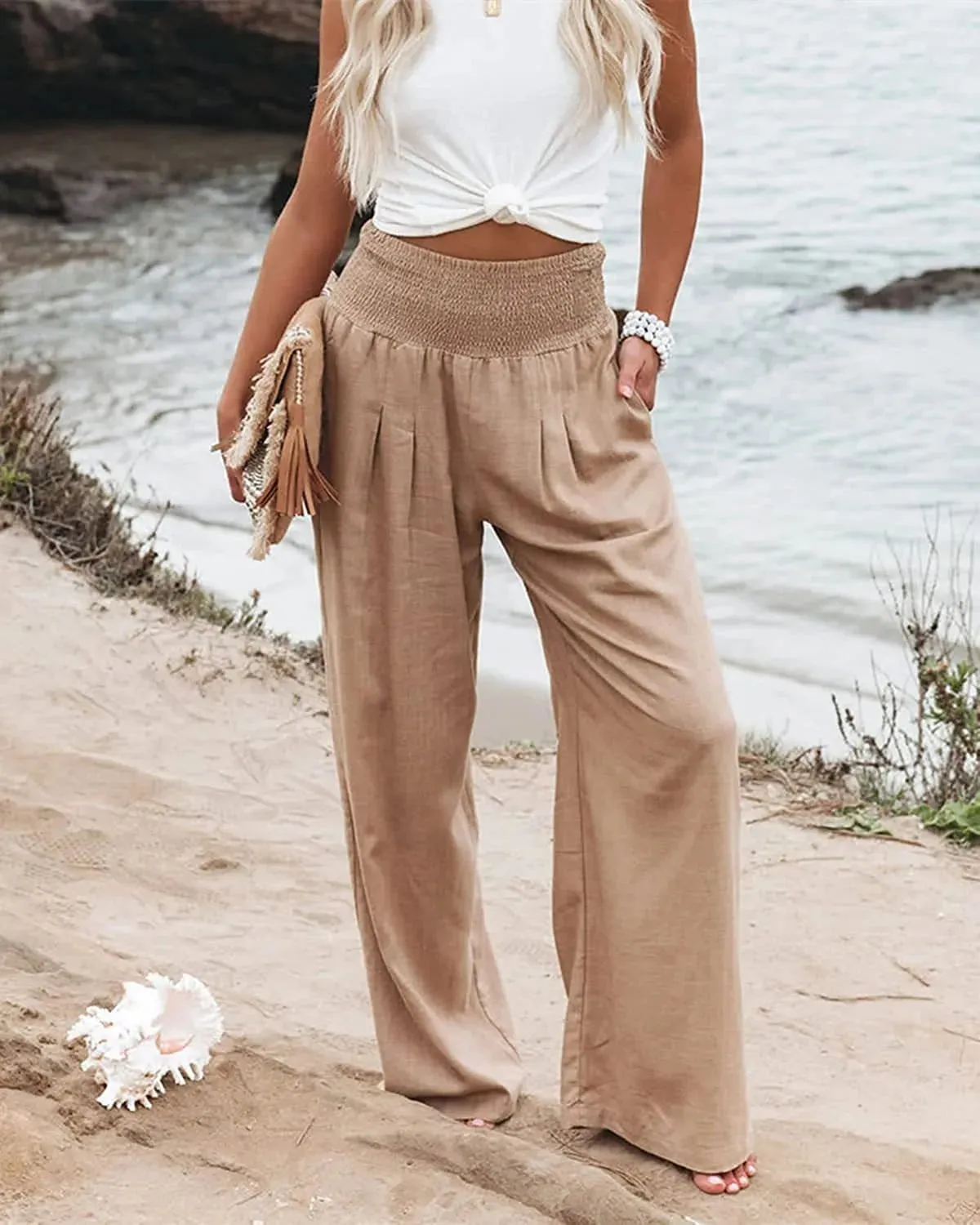 Cotton and linen wide-leg casual pants