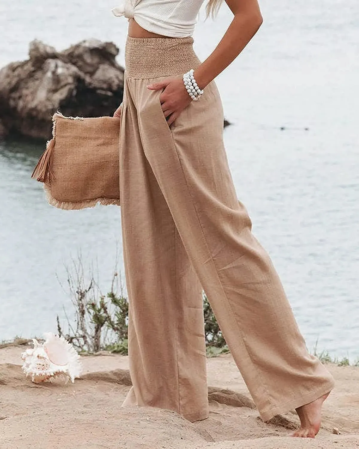 Cotton and linen wide-leg casual pants